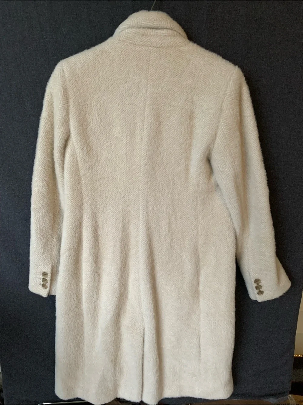 LOFT Cream Fuzzy Coat Shawl Collar Winter Jacket Womens Size XS Herringbone